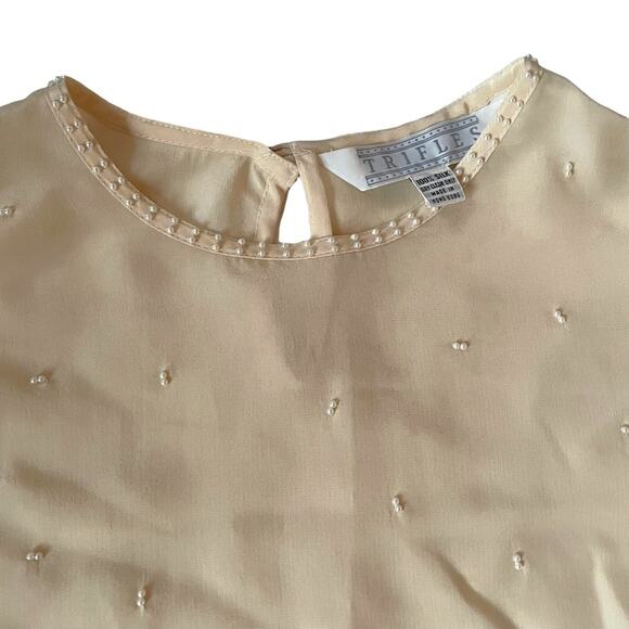 Vintage 1980s Trifles Silk Blouse Pearls All Over Elegant High Neck Cream 10 - Picture 3 of 13